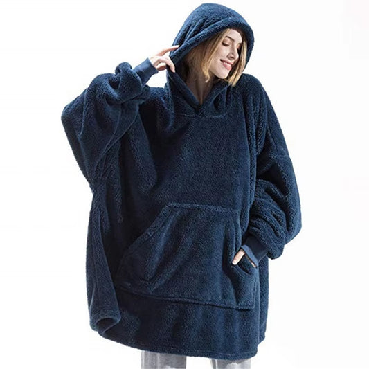 2024 Winter Women's Double-Faced Fleece Hoodie Blanket with Oversized Pocket - Cozy and Loose Sweatshirt for Couples